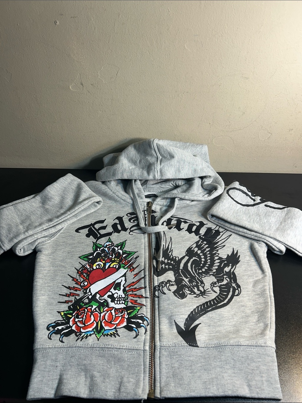 Ed Hardy Light Gray Zip-Up Crop Top Hoodie with Skull, Rose & Eagle Small